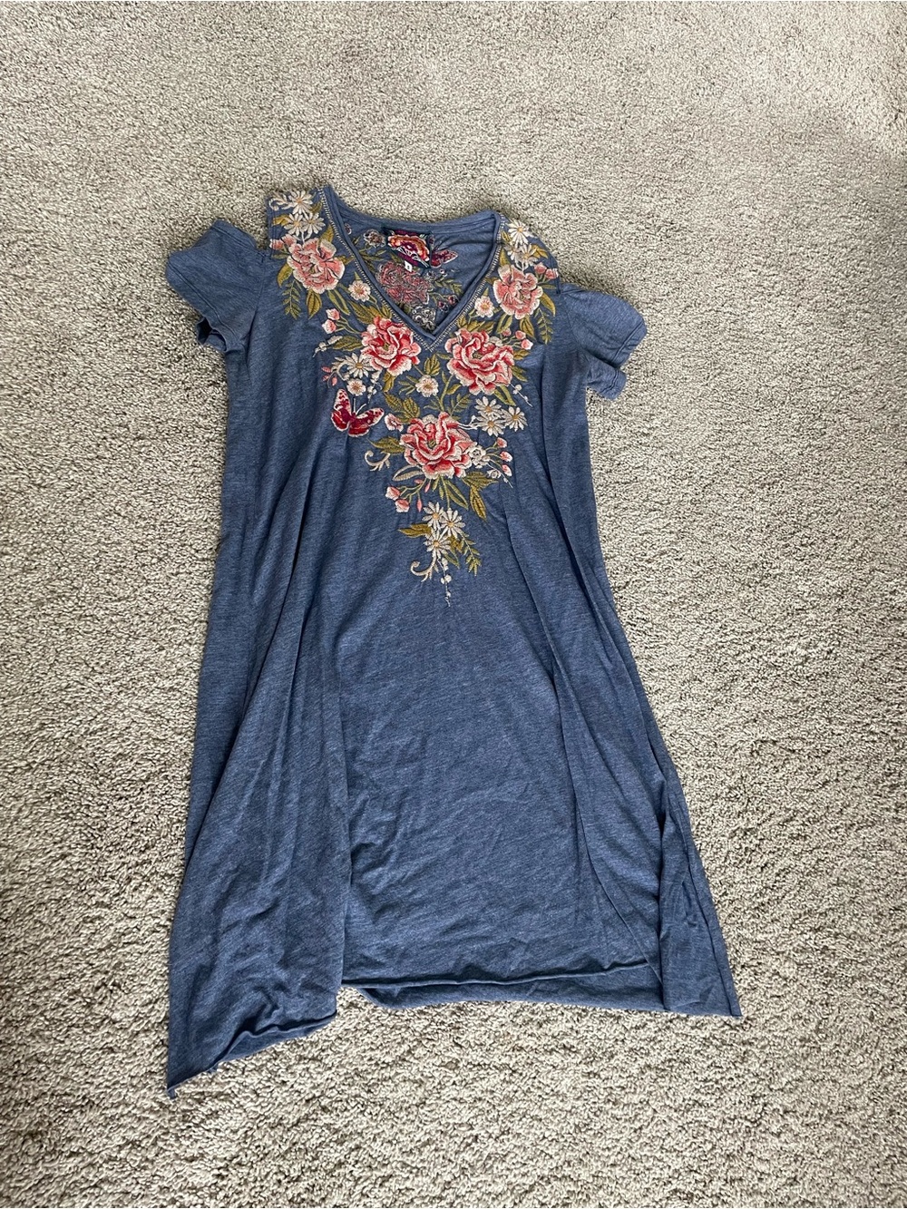 Johnny Was Denim Blue Top with Pink and Yellow Floral Patch